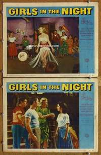 p987 GIRLS IN THE NIGHT 2 movie lobby cards '53 super sexy bad girl!