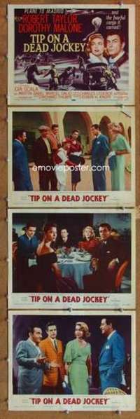 p894 TIP ON A DEAD JOCKEY 4 movie lobby cards '57 Robert Taylor, Malone