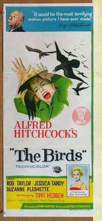 w390 BIRDS Australian daybill movie poster '63 Alfred Hitchcock, Rod Taylor