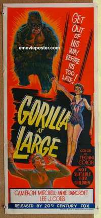 w548 GORILLA AT LARGE Australian daybill movie poster '54 big ape & girl!