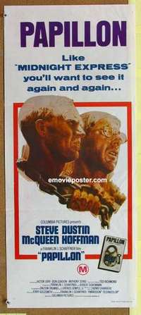 w759 PAPILLON Aust daybill R1970s art of prisoners Steve McQueen & Dustin Hoffman by Tom Jung!
