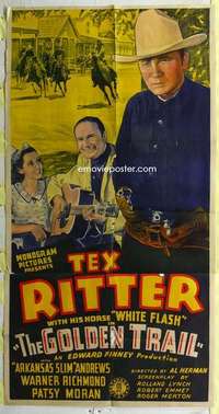 a017 GOLDEN TRAIL three-sheet movie poster '40 Tex Ritter w/double 6-guns!