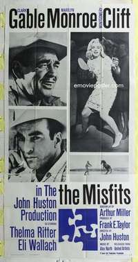 a015 MISFITS three-sheet movie poster '61 Clark Gable, Marilyn Monroe, Clift