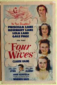 b320 FOUR WIVES one-sheet movie poster '39 Lane Sisters, John Garfield