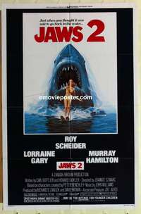 b441 JAWS 2 one-sheet movie poster '78 Roy Scheider, man-eating shark!