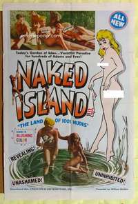 b600 NAKED ISLAND one-sheet movie poster '60s land of 1001 nudes, Mishkin!