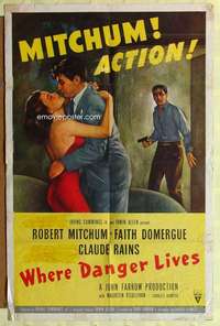 b948 WHERE DANGER LIVES one-sheet movie poster '50 Bob Mitchum, Domergue