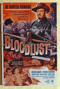 d126 BLOODLUST one-sheet movie poster '61 hunting humans, Hell on Earth!