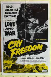 d192 CRY FREEDOM one-sheet movie poster '61 Filipino true war romance!