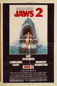 d366 JAWS 2 one-sheet movie poster '78 Roy Scheider, man-eating shark!