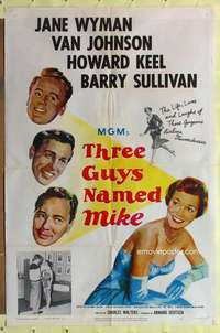 d810 THREE GUYS NAMED MIKE one-sheet movie poster '51 Jane Wyman, Keel