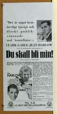 h016 HOLD YOUR MAN Swedish movie poster insert '33 Jean Harlow, Gable