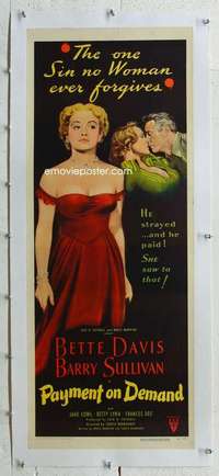 n069 PAYMENT ON DEMAND linen insert movie poster '51 Bette Davis
