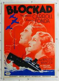 n264 BLOCKADE linen Swedish movie poster '38 Fonda, Rohmann art!