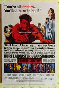 r268 ELMER GANTRY one-sheet movie poster '60 Burt Lancaster, Jean Simmons