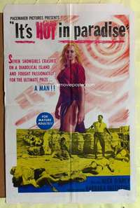 r387 IT'S HOT IN PARADISE one-sheet movie poster '62 HOT in paradise!