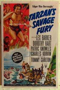 r867 TARZAN'S SAVAGE FURY one-sheet movie poster '52 Lex Barker, Burroughs