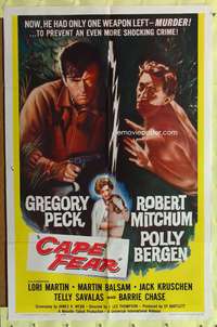 s143 CAPE FEAR one-sheet movie poster '62 Gregory Peck, Robert Mitchum