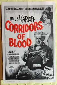 s214 CORRIDORS OF BLOOD one-sheet movie poster '63 Boris Karloff, Chris Lee