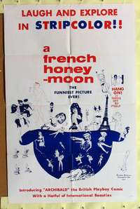 s344 FRENCH HONEYMOON one-sheet movie poster '64 sexy girls in Stripcolor!