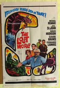 s537 LOST WORLD one-sheet movie poster '60 Michael Rennie, dinosaurs!