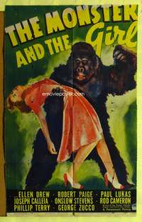 s574 MONSTER & THE GIRL one-sheet movie poster '41 fantastic ape image!