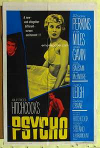 s629 PSYCHO one-sheet movie poster '60 Janet Leigh, Perkins, Hitchcock