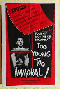 s779 TOO YOUNG, TOO IMMORAL one-sheet movie poster '62 he went down to sin!
