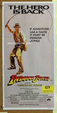 t891 INDIANA JONES & THE TEMPLE OF DOOM Hero is Back style Australian daybill movie poster '84