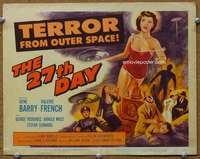 t194 27th DAY movie title lobby card '57 Gene Barry, sci-fi shocker!