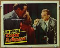 t208 NIGHT OF THE DEMON movie lobby card #3 '57 Andrews questions!