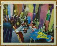 t379 FIRST MEN IN THE MOON movie lobby card '64 wacky fight image!