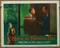 t284 HOUSE ON HAUNTED HILL movie lobby card #6 '59 two men with gun!