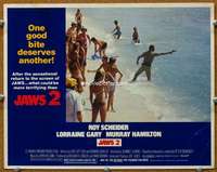 t443 JAWS 2 movie lobby card '78 Roy Scheider shooting gun on beach!