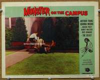 t252 MONSTER ON THE CAMPUS movie lobby card #8 '58 fighting off dog!