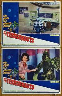 t406 TERRORNAUTS 2 movie lobby cards '67 wild monster & funky robot!