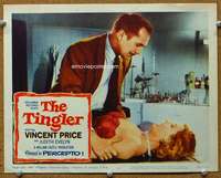 t301 TINGLER movie lobby card #4 '59 Vincent Price grabs girl c/u!