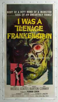 w006 I WAS A TEENAGE FRANKENSTEIN linen int'l three-sheet movie poster '57