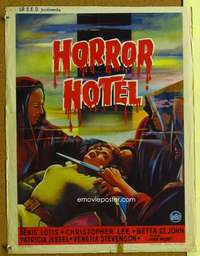 w090 HORROR HOTEL Belgian movie poster '60 Christopher Lee, horror!