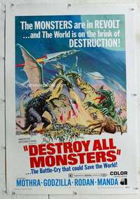 w248 DESTROY ALL MONSTERS linen one-sheet movie poster '69 Godzilla!