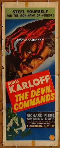w026 DEVIL COMMANDS insert movie poster '41 Boris Karloff horror!