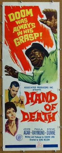 w028 HAND OF DEATH insert movie poster '62 DOOM was in his grasp!