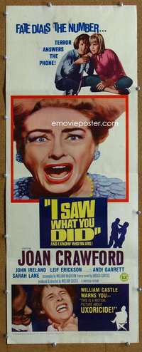 w032 I SAW WHAT YOU DID insert movie poster '65 Joan Crawford, Castle