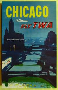 c074 FLY TWA CHICAGO travel poster 1960s Austin Briggs art!