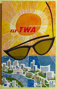 c072 FLY TWA travel poster '50s cool David artwork!
