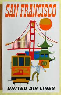 c082 UNITED AIRLINES SAN FRANCISCO 25x40 travel poster 1960s cable car & Golden Gate Bridge!