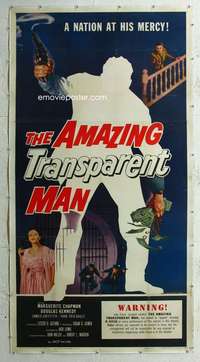 e004 AMAZING TRANSPARENT MAN linen three-sheet movie poster '59 Edgar Ulmer