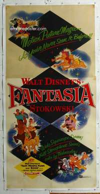 e020 FANTASIA linen three-sheet movie poster R56 Mickey Mouse, Disney classic!