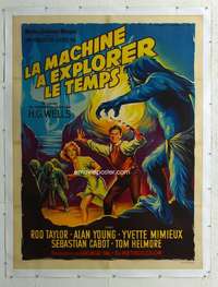 e143 TIME MACHINE linen French one-panel movie poster '60 Roger Soubie art!