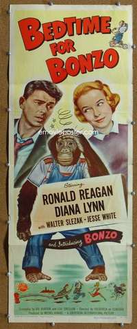 f576 BEDTIME FOR BONZO insert movie poster '51 Ronald Reagan & chimp!
